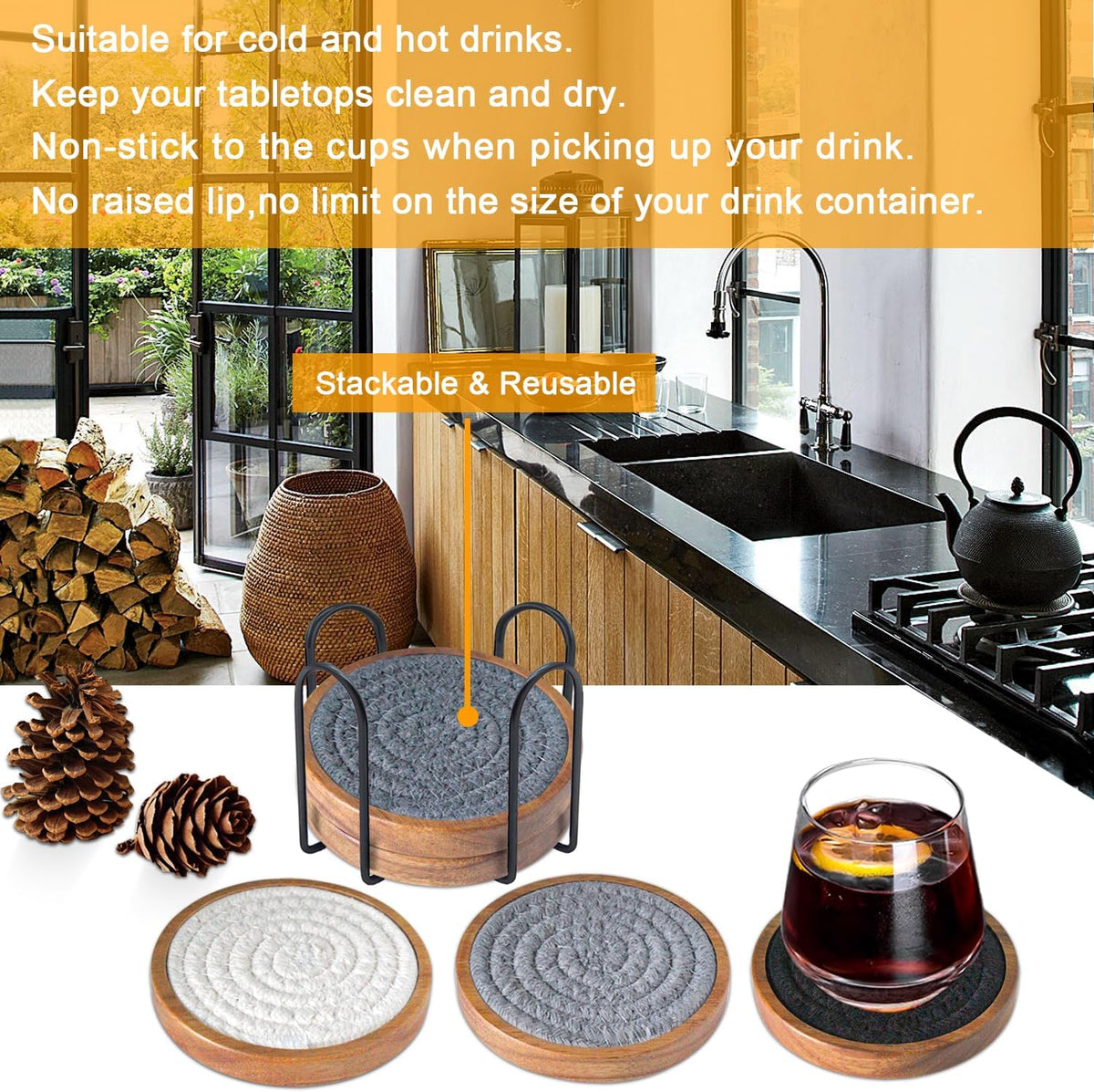 Wood Coasters for Drinks, Eykao Absorbent Coaster Sets of 5, Woven Drink Coasters for Coffee Table, Housewarming Gift for Farmhouse Home Decor,4 inches