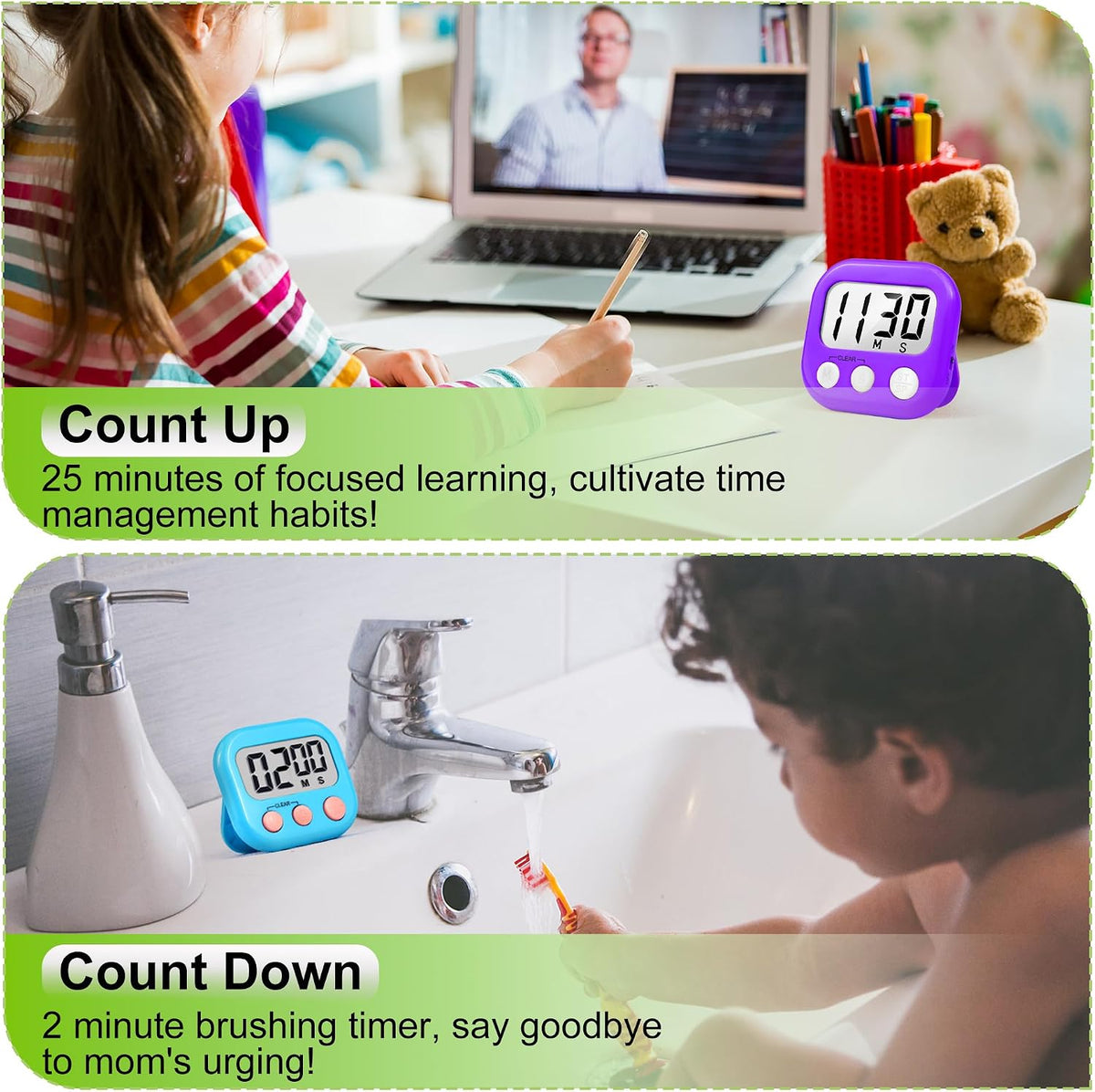 Digital Timer for Kids Teacher Supplies Classroom Timer for Study Learning Management Kitchen Work Exercise-4Pack Pink Blue Green Purple