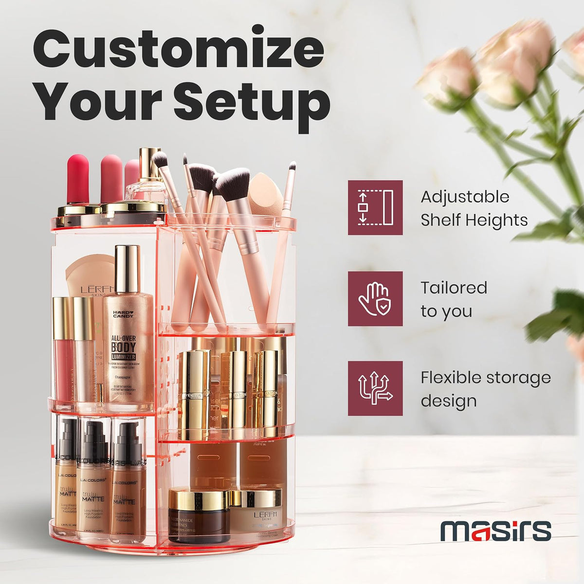 Masirs 360 Rotating Makeup Organizer Countertop - Adjustable Shelf Height - The Perfect Round Spinning Cosmetic Organizer for Bedroom Dresser or Vanity Countertop Storage (Clear)