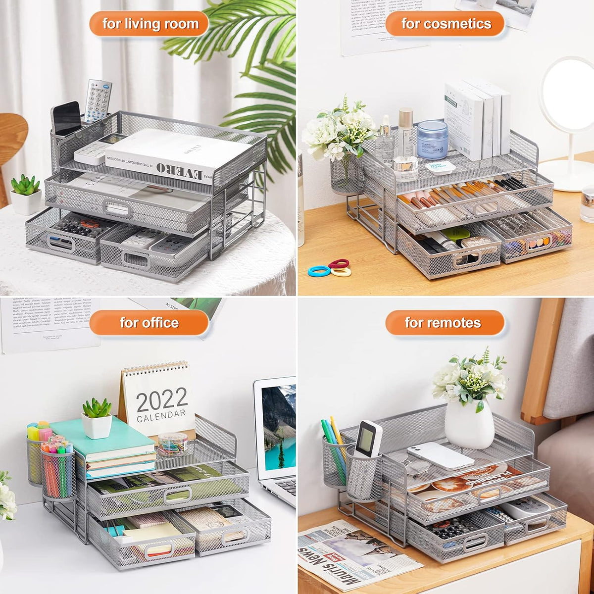 Marbrasse 3 Tier Mesh Desk Organizer with Drawer, Multi-Functional Desk Organizers and Accessories, Paper Letter Organizer with 2 Pen Holder for Home Office Supplies (Black)