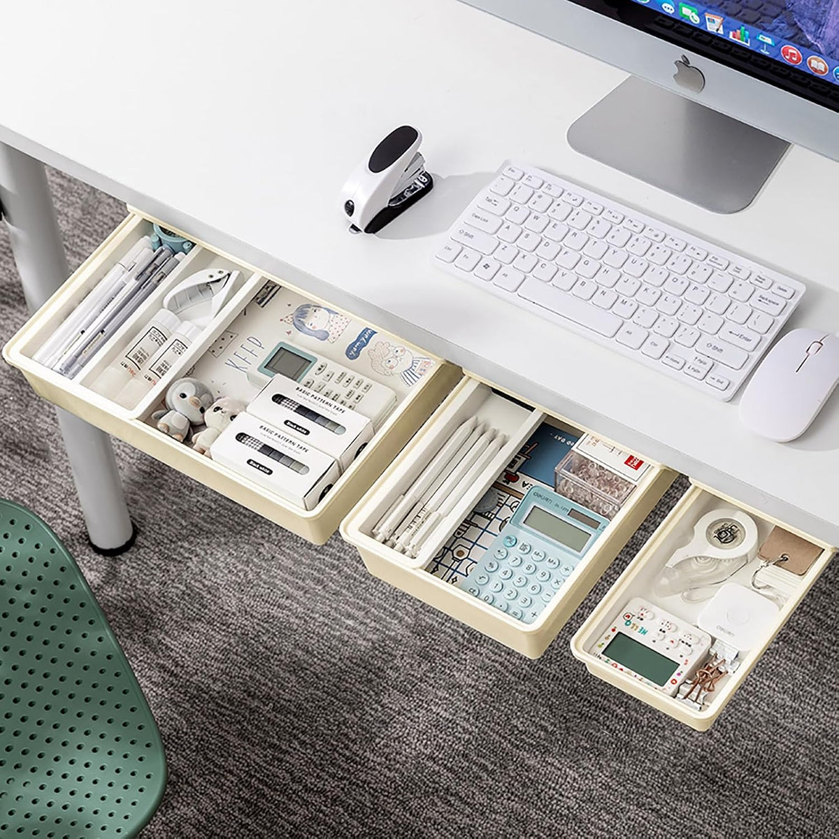 Cedilis 3 Pack Under Desk Drawer, Self-Adhesive Desk Organizer Drawers, Hidden Drawers Pencil Tray, Add a Drawer Under Table Easily, Attachable Desktop Organizer for Office School Home, Beige