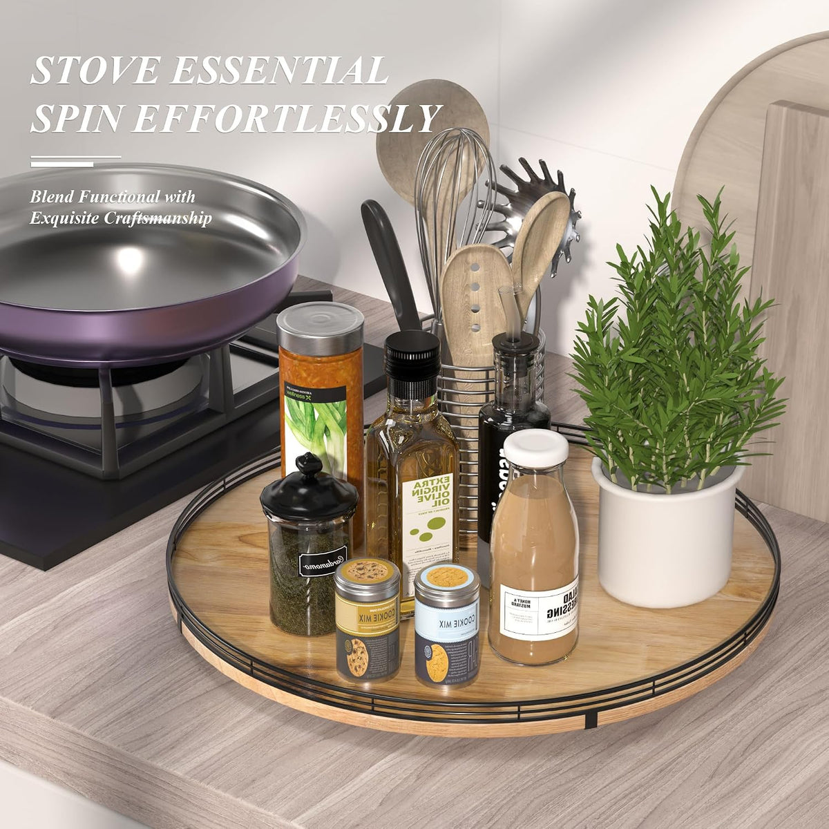 Farmhouse Oak 9" Lazy Susan Turntable Organizer for Cabinet, Round Wooden Lazy Susan Organization and Storage for Dining Table, Pantry, Kitchen, Countertop, Cupboard,Home Decor, Walnut Wood