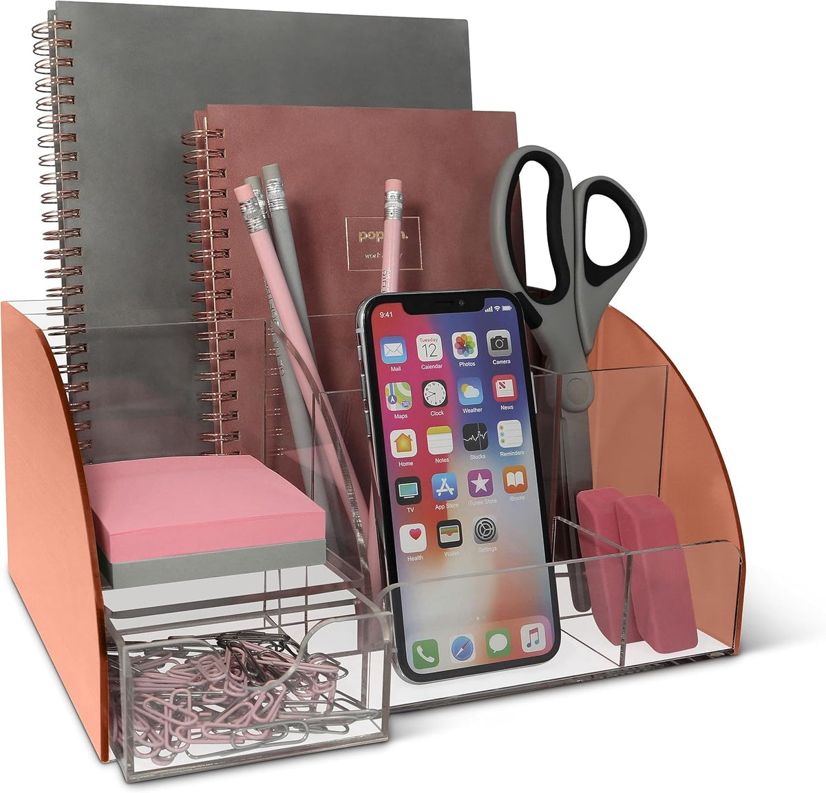 My Space Organizers Clear Acrylic Desk Oganizer, 9 Compartments, Office Supplies and Desk Accessories Organizer, Home Decor Desktop Organizer (Clear)