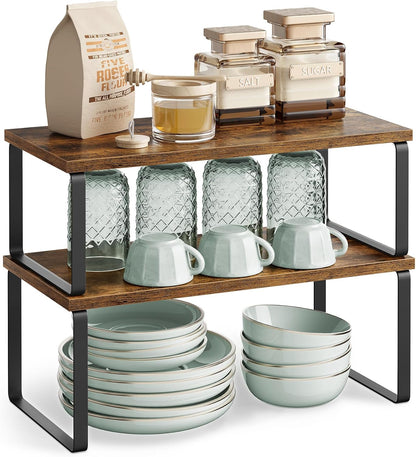 SONGMICS Cabinet Organizer Shelf, Set of 4 Kitchen Counter Shelves, Kitchen Storage, Spice Rack, Stackable, Expandable, Metal and Engineered Wood, Cloud White and Natural Beige UKCS010N01