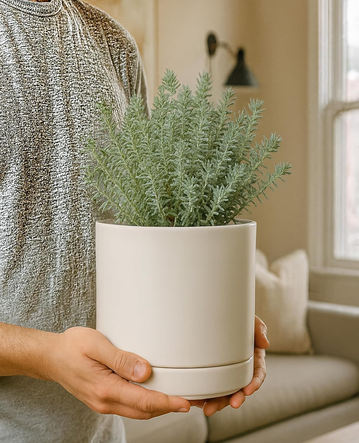 D'vine Dev 4.7 Inch Ceramic Planter Pot with Drainage Hole and Saucer, Indoor Cylinder Round Planter Pot, Teal, 94-O-B-9