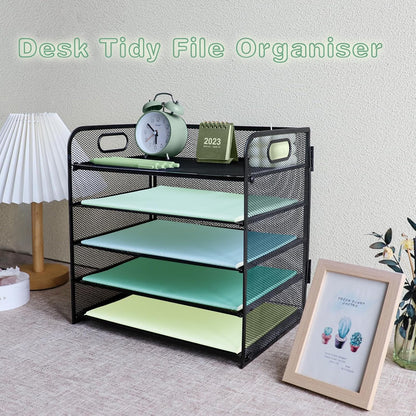 Paper Letter Tray with Handle, 3 Tier Metal Mesh Desk File Organizer, A4 Paper Desktop Filing Trays, Desk Tidy Magazine Document Holder for Home Office, Black