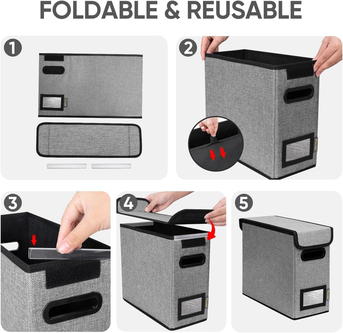 BALEINE File Organizer Box with Lid, Collapsible File Folder Organizer with Plastic Slide, Hanging File Folder Box for Office Document Storage (Black)