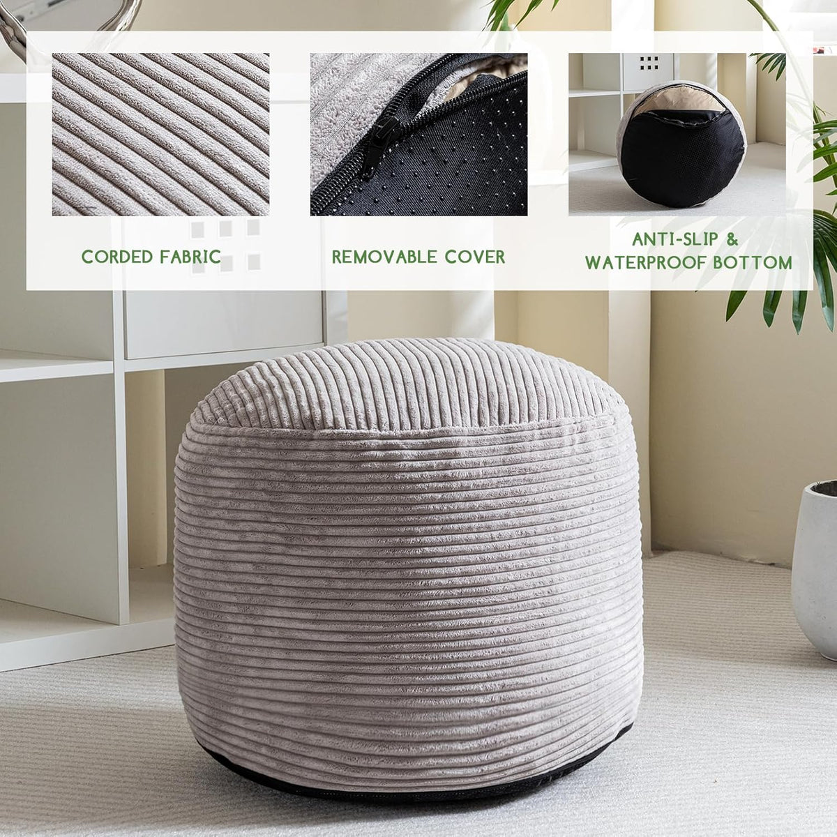 Round Stuffed Pouf Ottoman, Corduroy Poufs with Foam Chunk Filling, Furry and Fluffy Pouf Foot Stool Storage Ottoman, 20 X 15 Floor Poufs Foot Rest for Living Room, Dark Grey