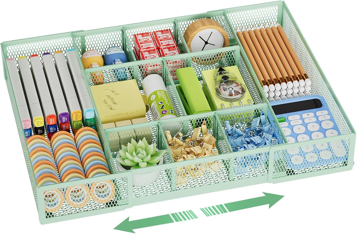 Marbrasse Expandable Desk Drawer Organizer, Mesh Drawer Organizer Tray with 10 Adjustable Compartments, Desk Organizers and Accessories, 5 Dividers Drawer for Office Supplies, Makeup & Vanity (Black)