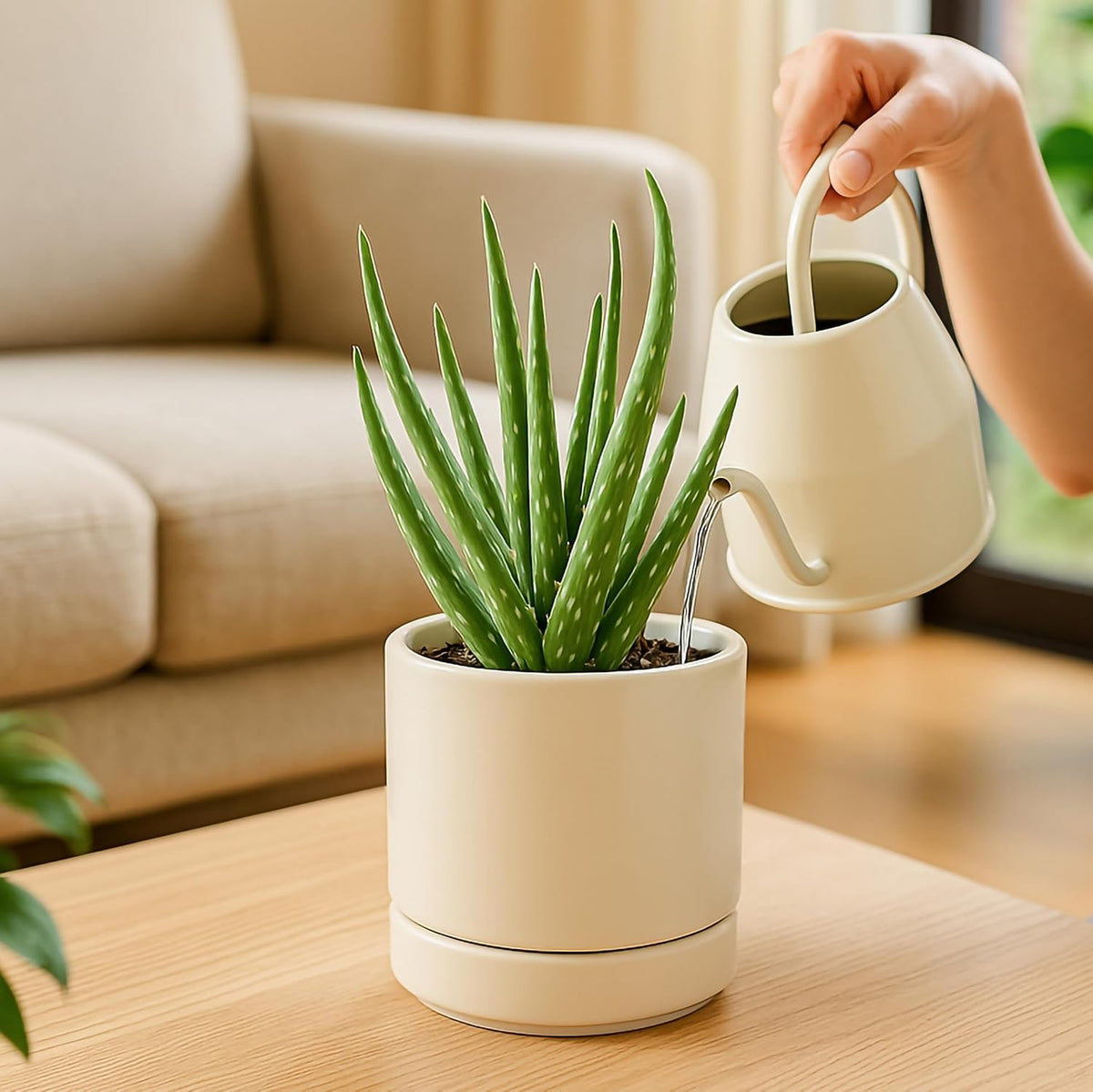D'vine Dev 4.7 Inch Ceramic Planter Pot with Drainage Hole and Saucer, Indoor Cylinder Round Planter Pot, Teal, 94-O-B-9