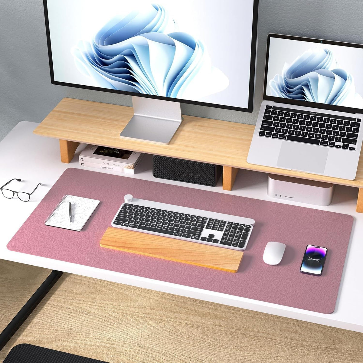 Bloss Leather Desk Pad and Keyboard Wrist Rest, Large Mouse Pad + Keyboard Pad+Mouse Wrist Support, Non-Slip Desk Mat Protector for Office, Home(31.5×15.7 Inches,Beige) - Colors A