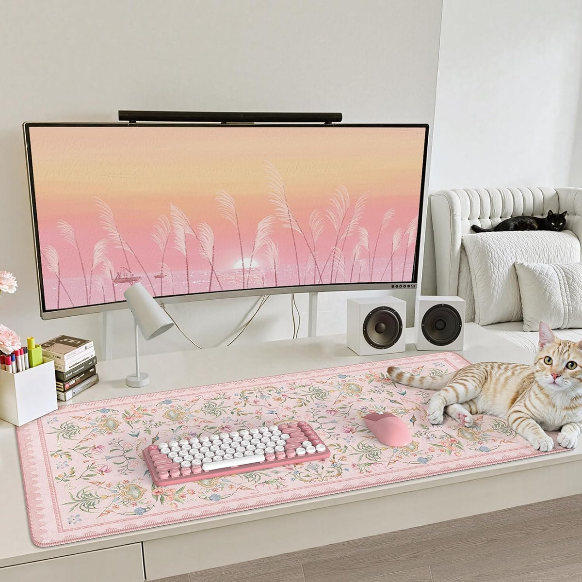 Desk Mat,Mouse Pad for Office Desk,35.4x15.7in,Pink Flowers
