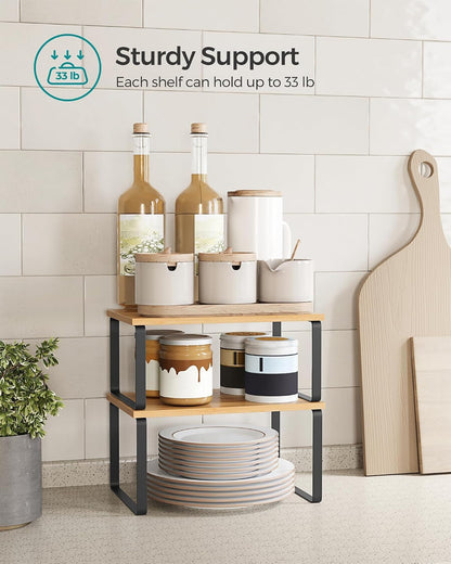 SONGMICS Cabinet Organizer Shelf, Set of 4 Kitchen Counter Shelves, Kitchen Storage, Spice Rack, Stackable, Expandable, Metal and Engineered Wood, Cloud White and Natural Beige UKCS010N01
