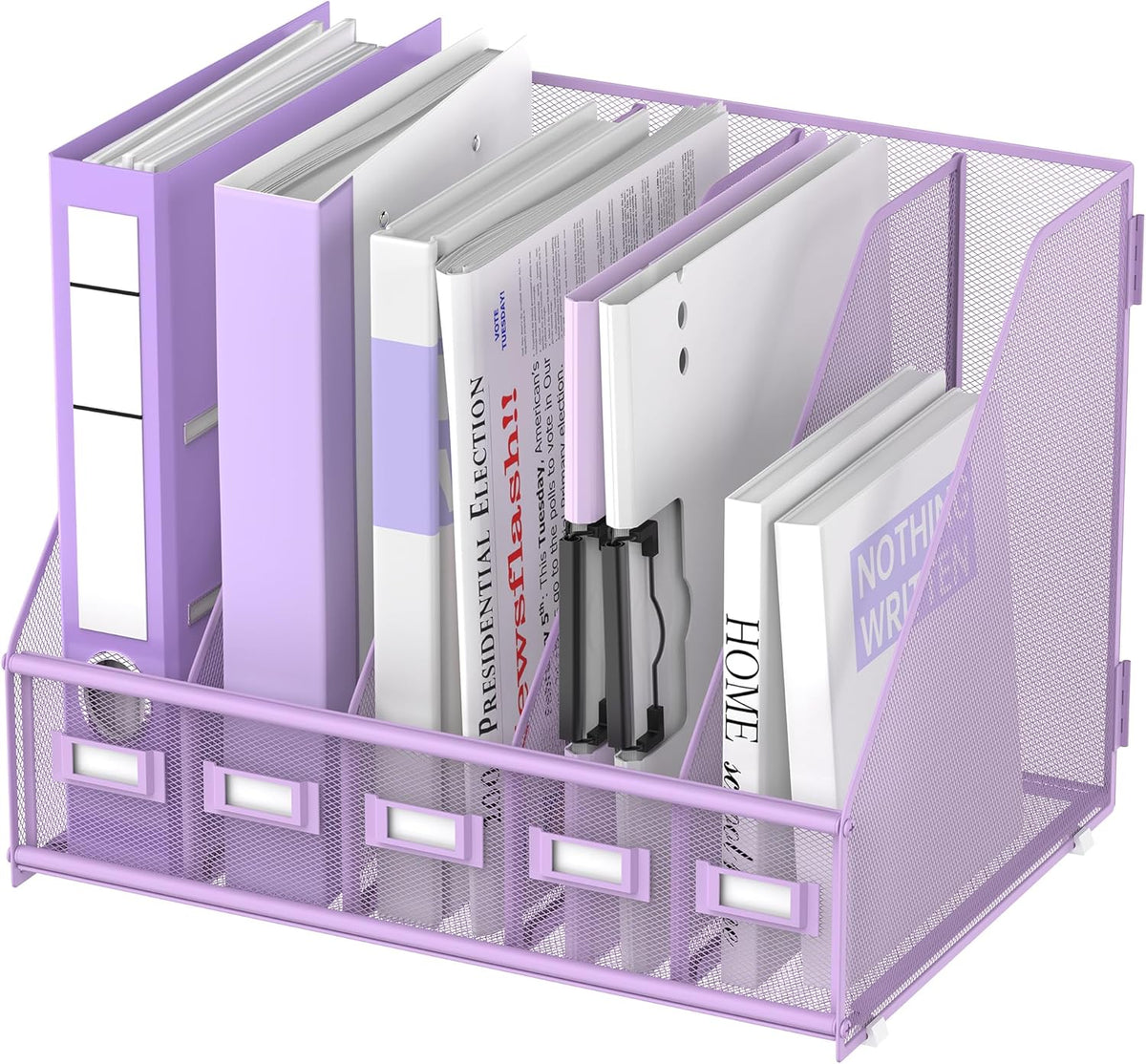 Desk Organizers Metal Desk Magazine File Holder with 5 Vertical Compartments Rack File Organizer for Office Desktop, Classroom, Home Workspace, Black