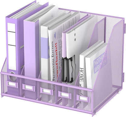 Desk Organizers Metal Desk Magazine File Holder with 5 Vertical Compartments Rack File Organizer for Office Desktop, Classroom, Home Workspace, Black