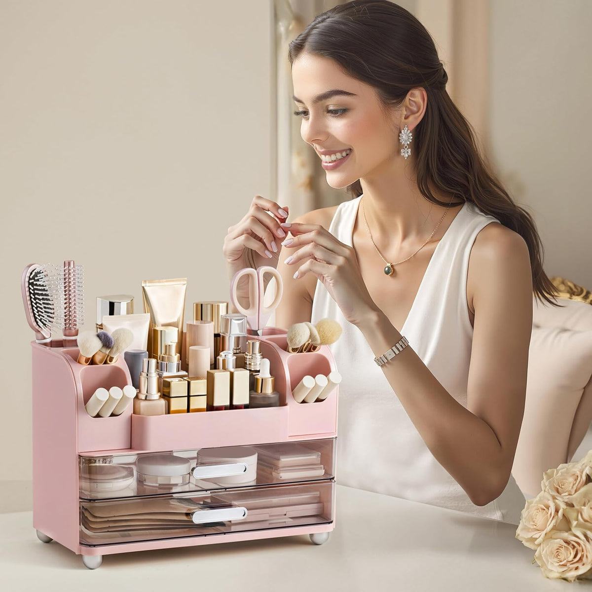 HBlife Makeup Organizer for Vanity with Brush Holder, Large Bathroom Countertop Cosmetic Organizer Skin Care Storage, Easy to Store Lipsticks, Nail Polishes, Perfumes, Eyeshadow Palettes, All White