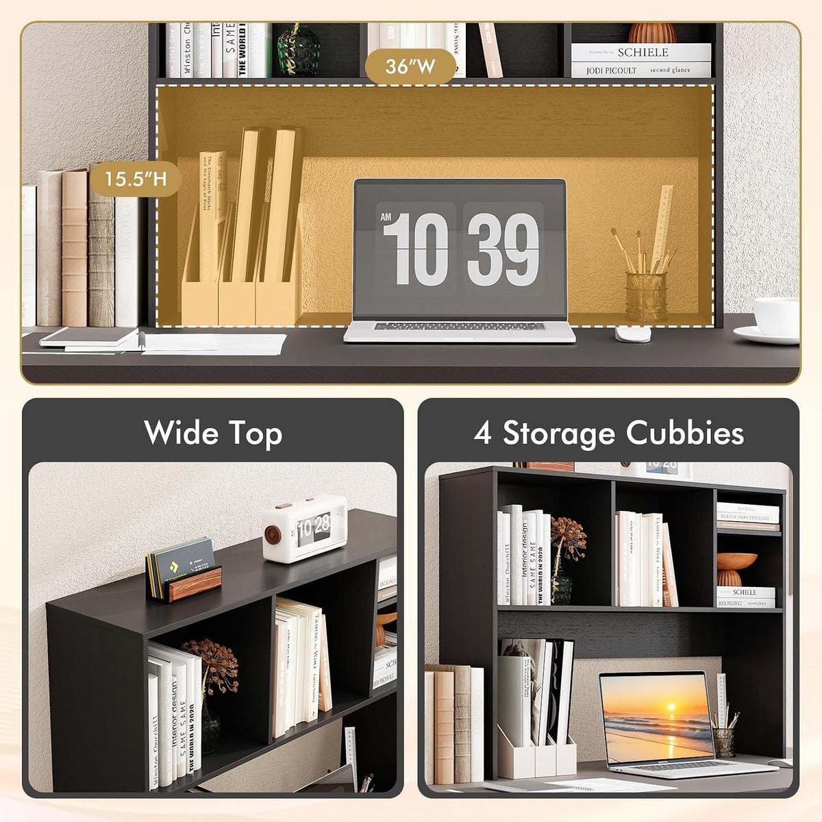 Desktop Bookshelf, Countertop Storage Hutch with 5 Shelves for Computer Desk, Desk 3-Tier Display Rack, Multipurpose Wood Desktop Hutch Storage Organizer for Dorm Office Home