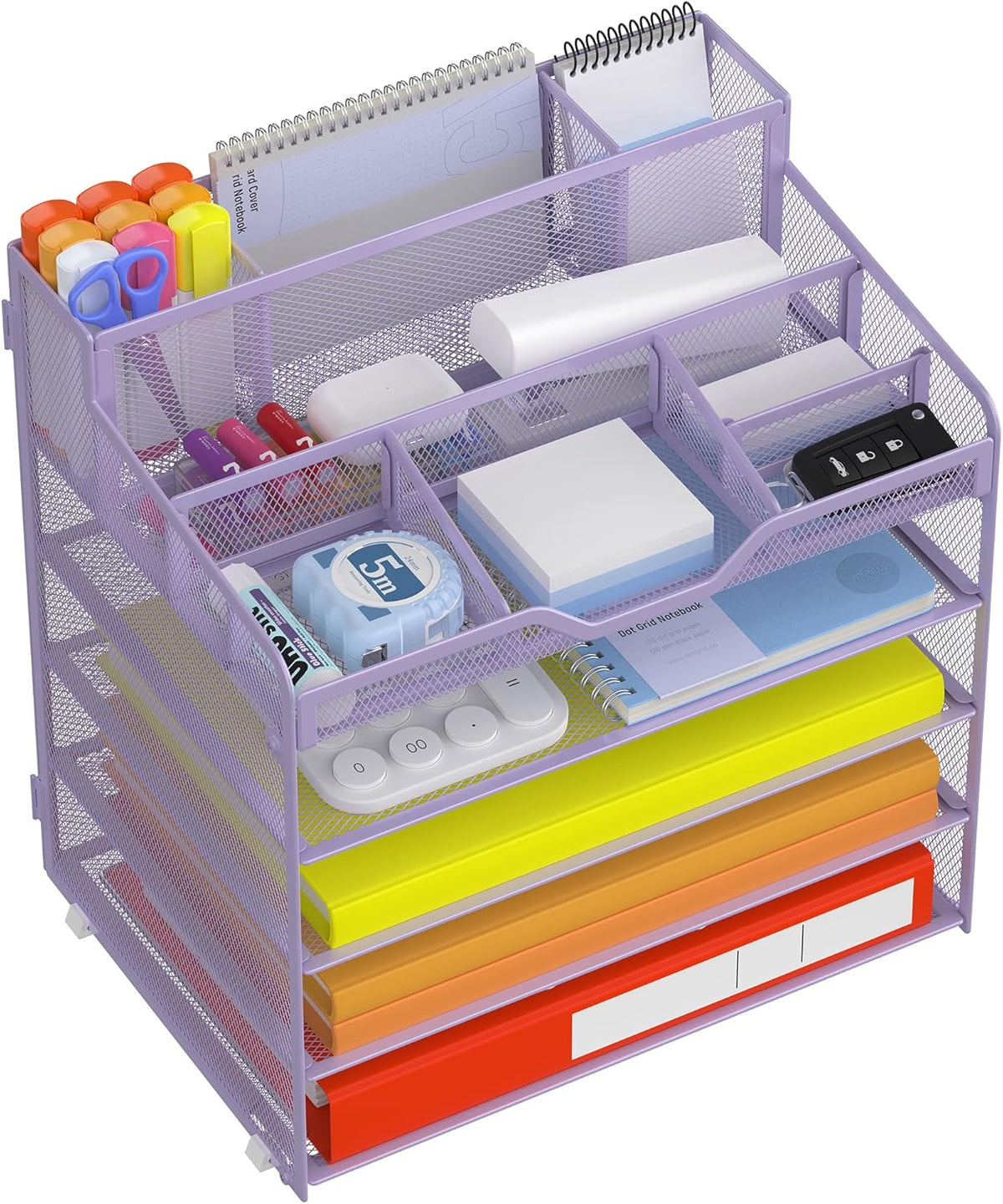 Docnest 5 Tier Mesh Desk Organizer for Paper Office Supplies – Multi-Functional Letter Tray with 5 Adjustable Compartments, 3 Pen Holders, Desktop Storage for Files, Mail, Stationery – Black