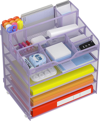 Docnest 5 Tier Mesh Desk Organizer for Paper Office Supplies – Multi-Functional Letter Tray with 5 Adjustable Compartments, 3 Pen Holders, Desktop Storage for Files, Mail, Stationery – Black