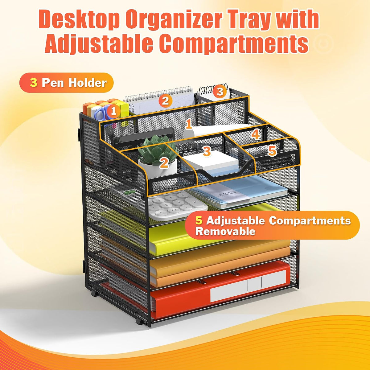Docnest 5 Tier Mesh Desk Organizer for Paper Office Supplies – Multi-Functional Letter Tray with 5 Adjustable Compartments, 3 Pen Holders, Desktop Storage for Files, Mail, Stationery – Black