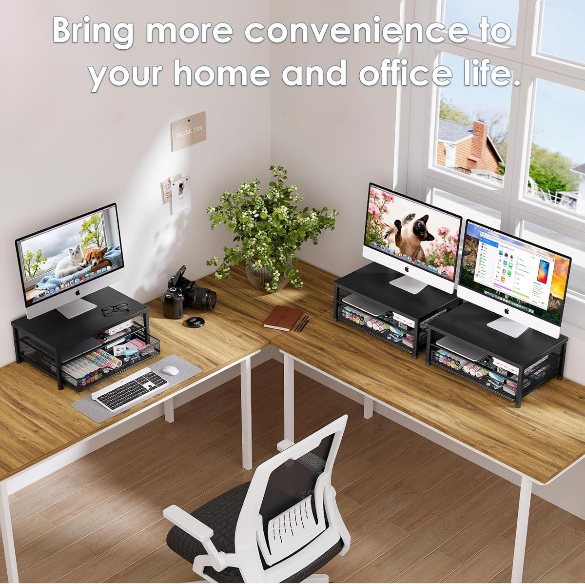 Desk Organizers and Accessories, Computer Monitor Stand Riser with Drawer and 2 Pen Holders, Printer & Laptop Stand, Office Desk Accessories & Workspace Organizers for Home Office Supplies, Black