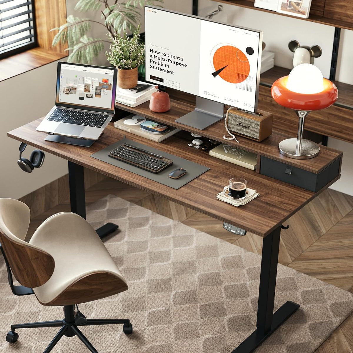 48 * 24 Inch Electric Standing Desk with Shelf & Led, Dark Walnut