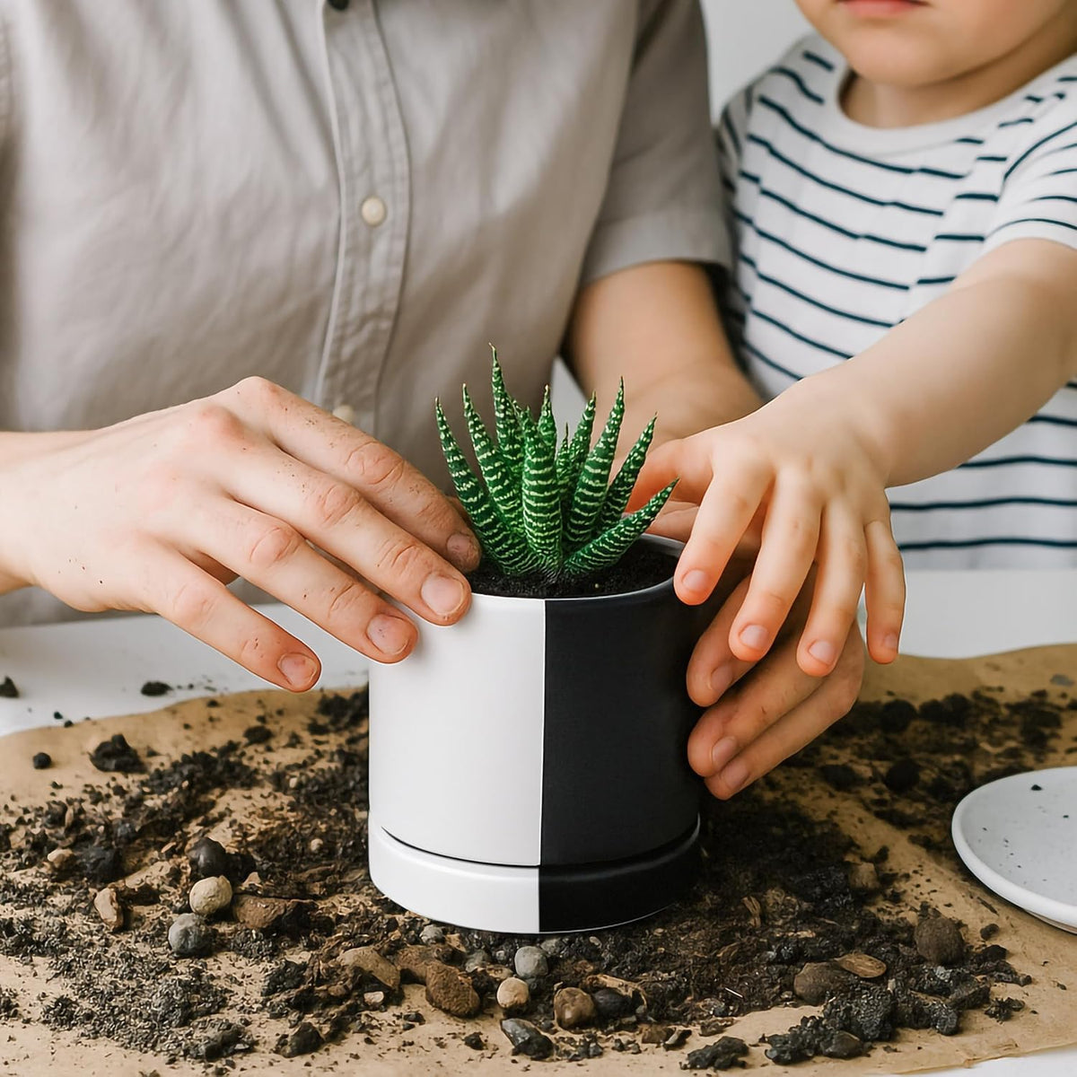 D'vine Dev 4.7 Inch Ceramic Planter Pot with Drainage Hole and Saucer, Indoor Cylinder Round Planter Pot, Teal, 94-O-B-9