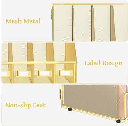 Desk Organizers Metal Desk Magazine File Holder with 5 Vertical Compartments Rack File Organizer for Office Desktop, Classroom, Home Workspace, Black