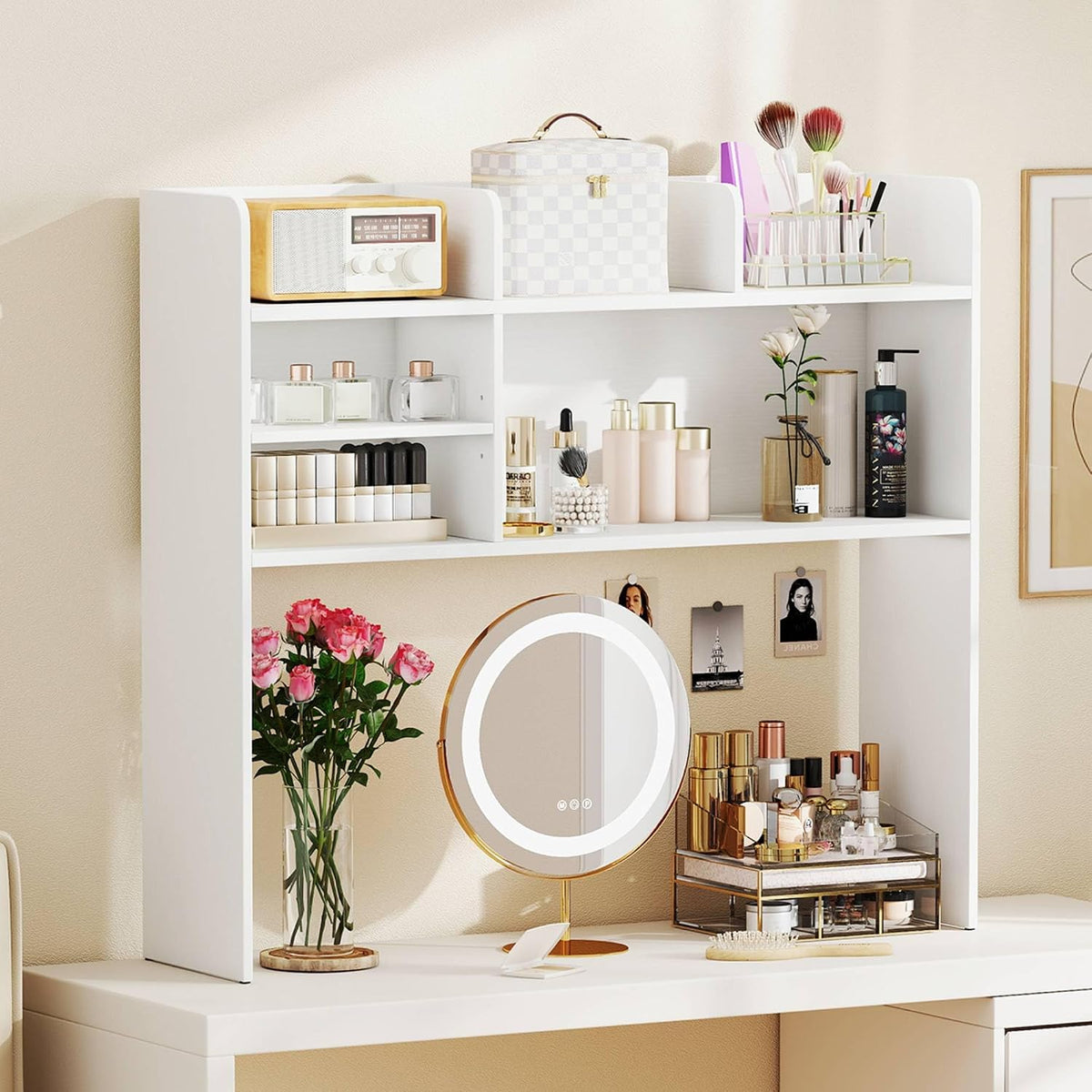 Desktop Bookshelf, Countertop Storage Hutch with 5 Shelves for Computer Desk, Desk 3-Tier Display Rack, Multipurpose Wood Desktop Hutch Storage Organizer for Dorm Office Home