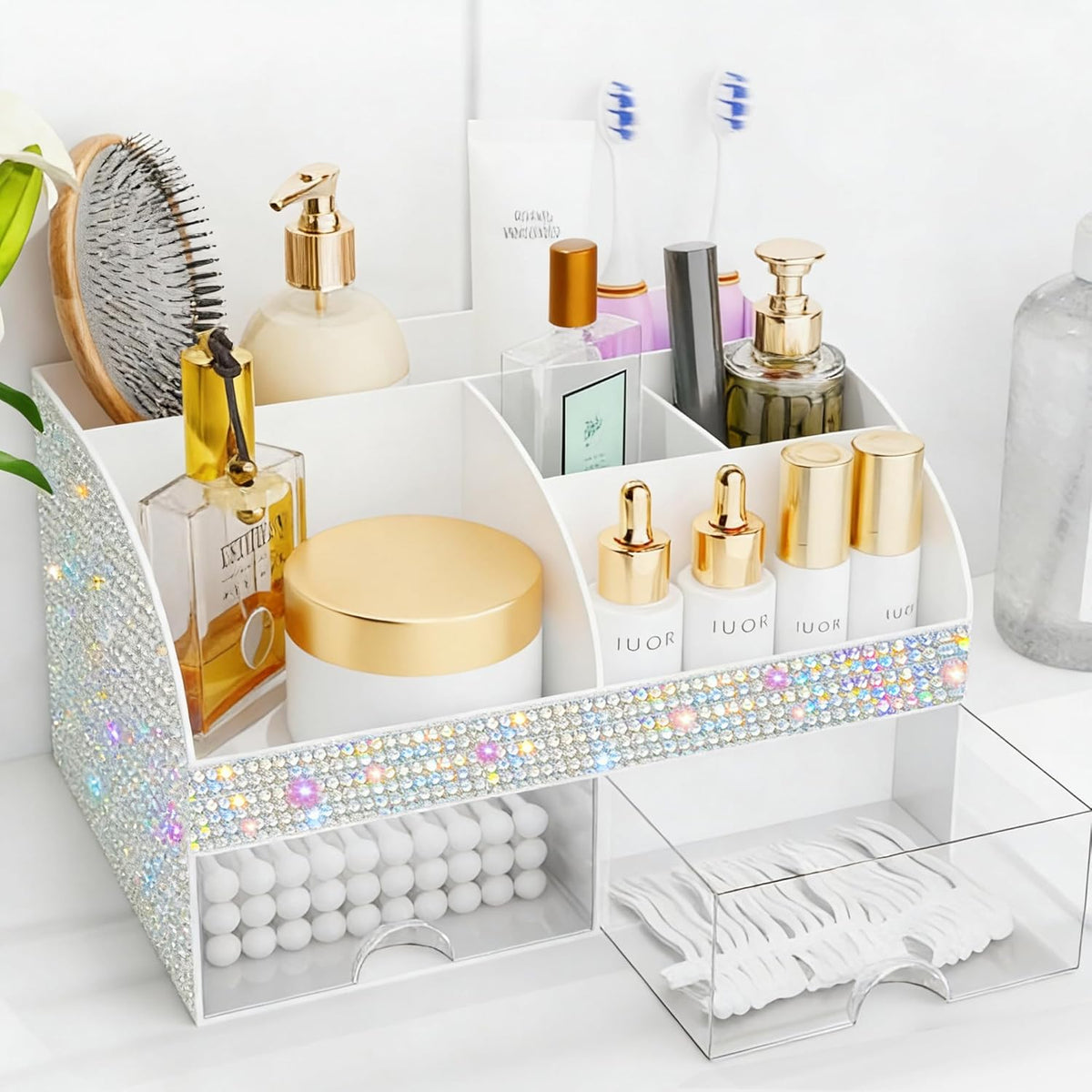 Makeup Organizer with Drawers, Cosmetic Storage for Dresser Vanity and Bathroom Countertop, Beauty Holder for Lipstick Brush, Skincare Organizer for Vanity, Cosmetic Display Case (White)