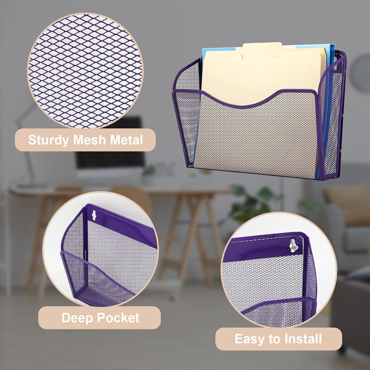 EASEPRES 3 Single Pocket Mesh Hanging File Organizer, Vertical Wall Mounted Magazine File Holder, Mount Basket Mail Paper Document Folder Organizing for Office, Home and School, Black