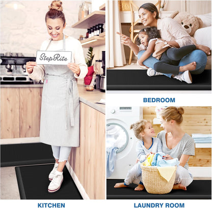 StepRite Kitchen Mats, 2PCS Kitchen Rugs, Cushioned Anti Fatigue Kitchen Mats for Floor, Non-Slip Standing Desk Mat, Waterproof Kitchen Rug Set for Kitchen, Floor, Office, 17.3"x30"+17.3"x47", Black