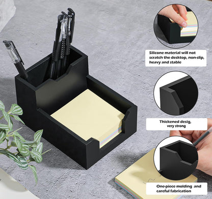 Black Sticky Note Holder, Silicone Memo Holder with Pen or Card Slots, Sticky Note Dispenser, Fits 3x3 Inches Sticky Notes
