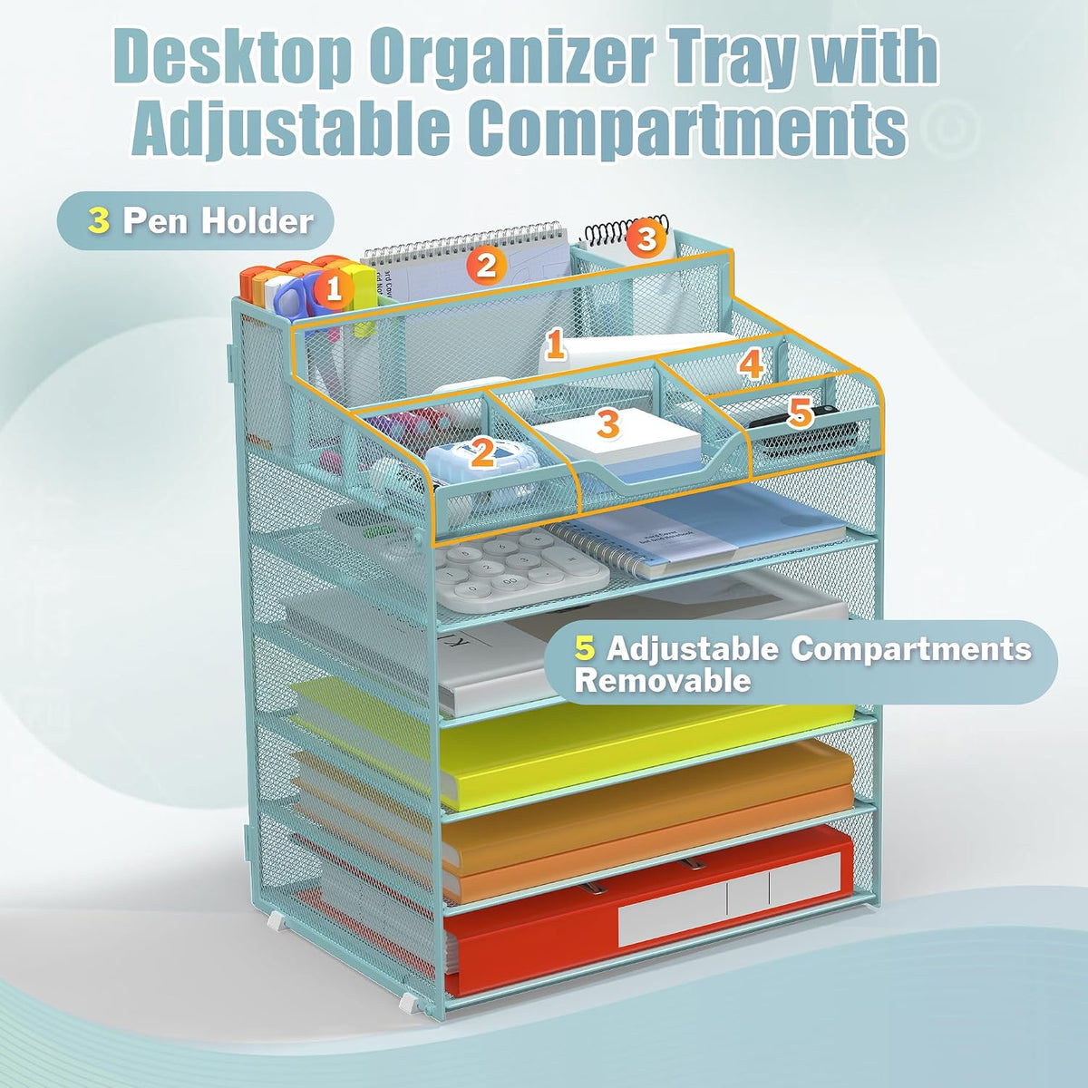 Docnest 5 Tier Mesh Desk Organizer for Paper Office Supplies – Multi-Functional Letter Tray with 5 Adjustable Compartments, 3 Pen Holders, Desktop Storage for Files, Mail, Stationery – Black