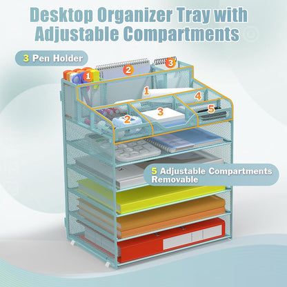 Docnest 5 Tier Mesh Desk Organizer for Paper Office Supplies – Multi-Functional Letter Tray with 5 Adjustable Compartments, 3 Pen Holders, Desktop Storage for Files, Mail, Stationery – Black