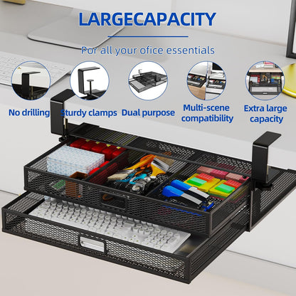 Under Desk Drawer Organizer No Drill Metal Under Desk Storage Drawer Container 2 Slide Out Cabinet Drawer Suitable for Home And Office (Extra Large)