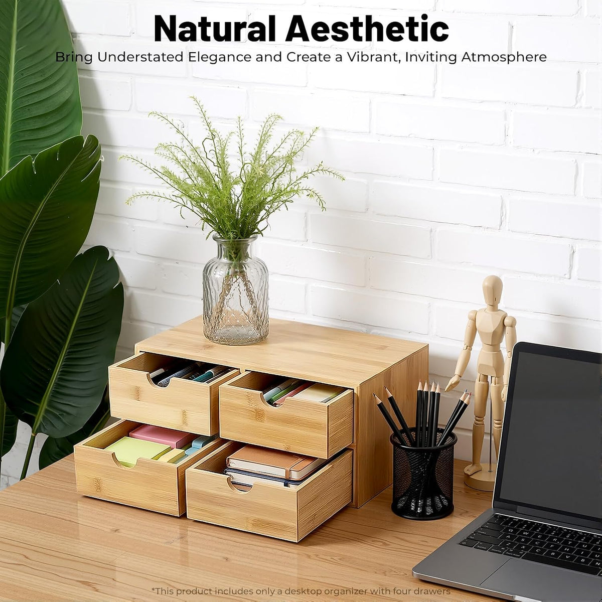Desk Organizer, Office Vanity Bamboo Desk Organizer, Mini Bamboo Desk Drawer Tabletop Storage Box with 2 Drawer Night Stand Table Organizer for Makeup Vanity Office Supplies (2 Drawer)