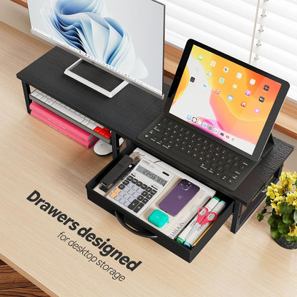 Ekisemio 2-Tier Monitor Stand with Fabric Drawer – Wood and Metal Computer Riser, Desk Organizer for Office, Black