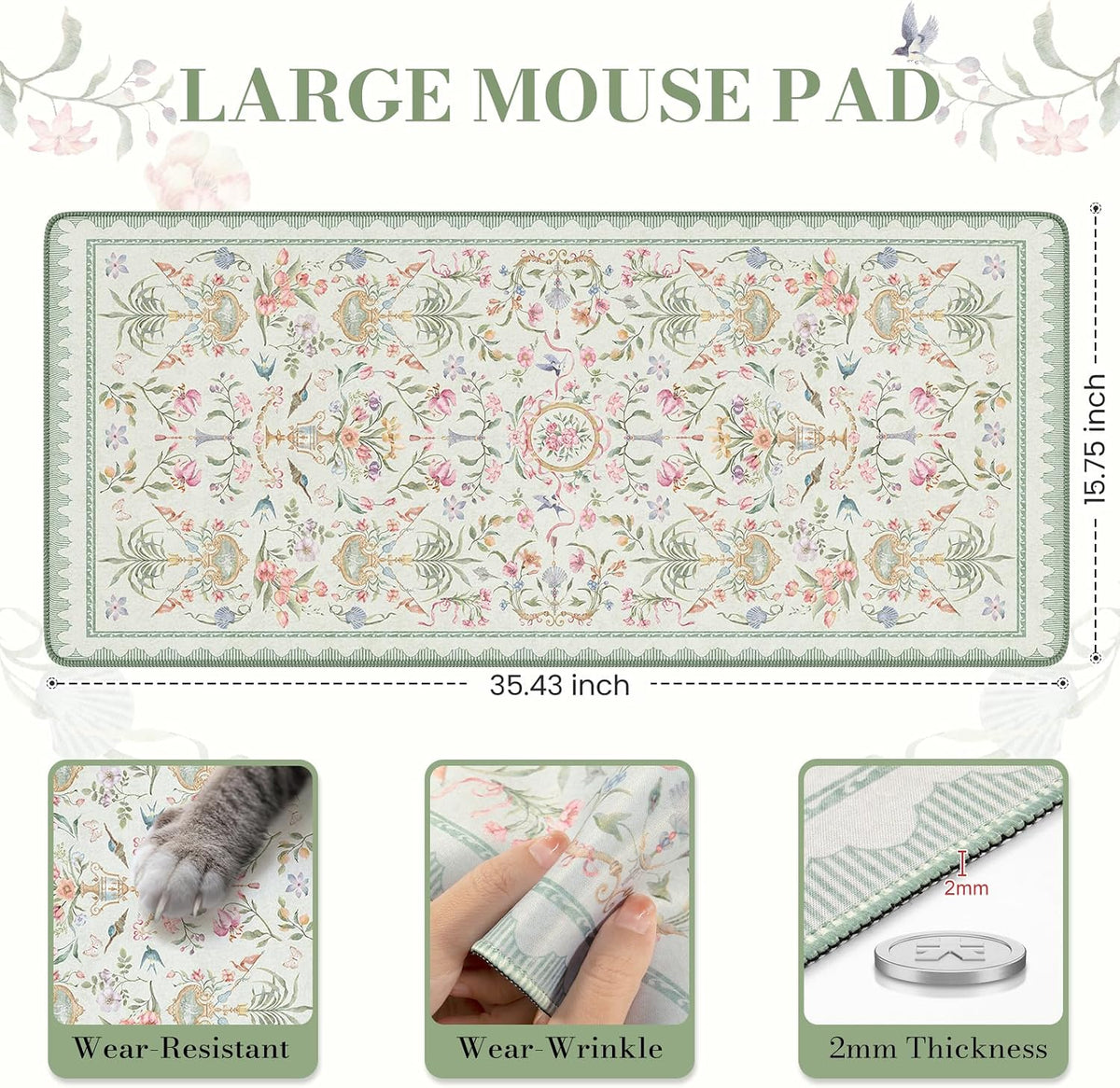Desk Mat,Mouse Pad for Office Desk,35.4x15.7in,Pink Flowers