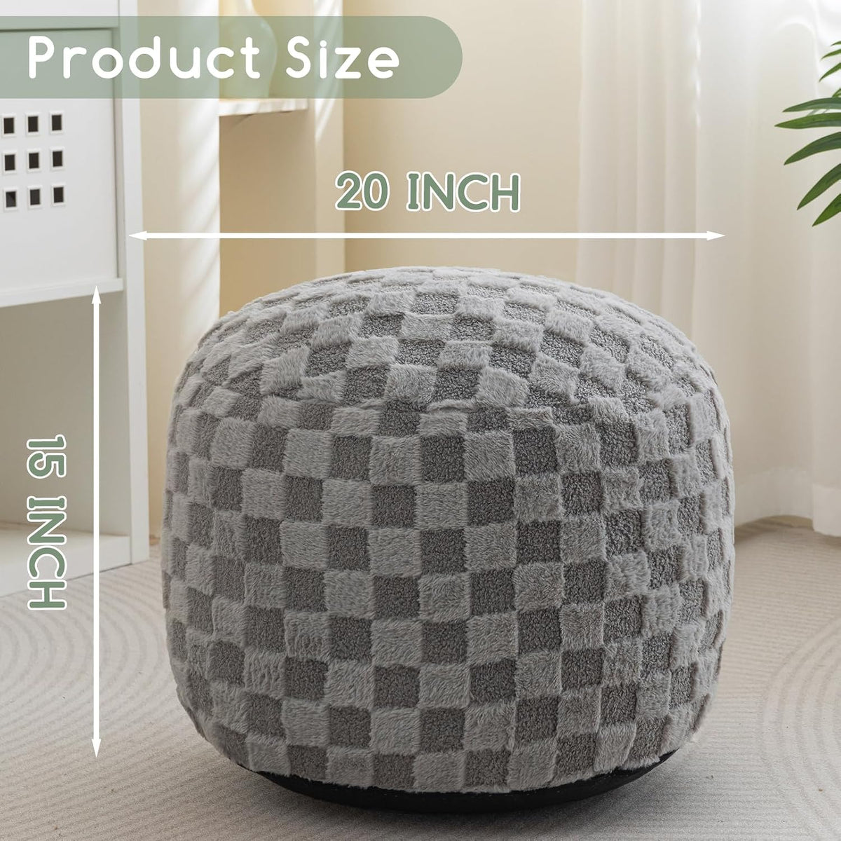 Round Stuffed Pouf Ottoman, Corduroy Poufs with Foam Chunk Filling, Furry and Fluffy Pouf Foot Stool Storage Ottoman, 20 X 15 Floor Poufs Foot Rest for Living Room, Dark Grey