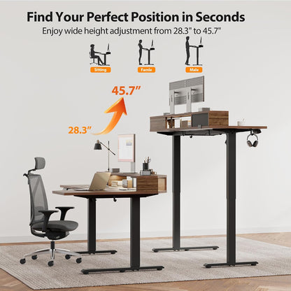 48 * 24 Inch Electric Standing Desk with Shelf & Led, Dark Walnut