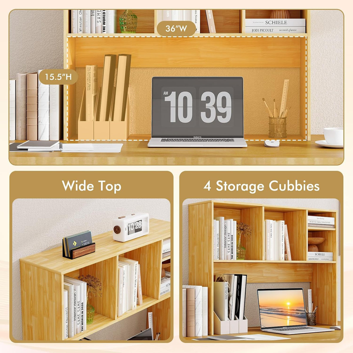 Desktop Bookshelf, Countertop Storage Hutch with 5 Shelves for Computer Desk, Desk 3-Tier Display Rack, Multipurpose Wood Desktop Hutch Storage Organizer for Dorm Office Home