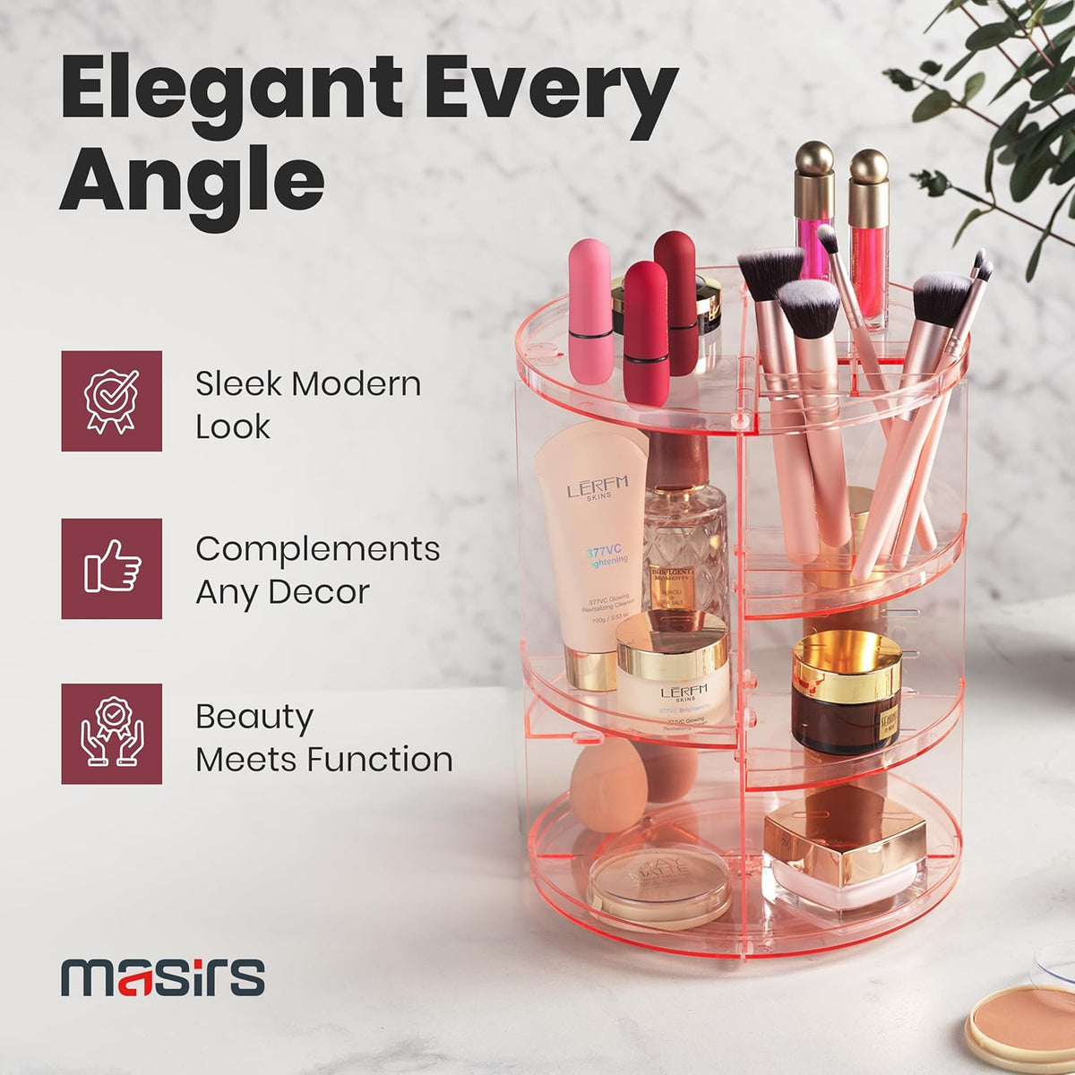 Masirs 360 Rotating Makeup Organizer Countertop - Adjustable Shelf Height - The Perfect Round Spinning Cosmetic Organizer for Bedroom Dresser or Vanity Countertop Storage (Clear)