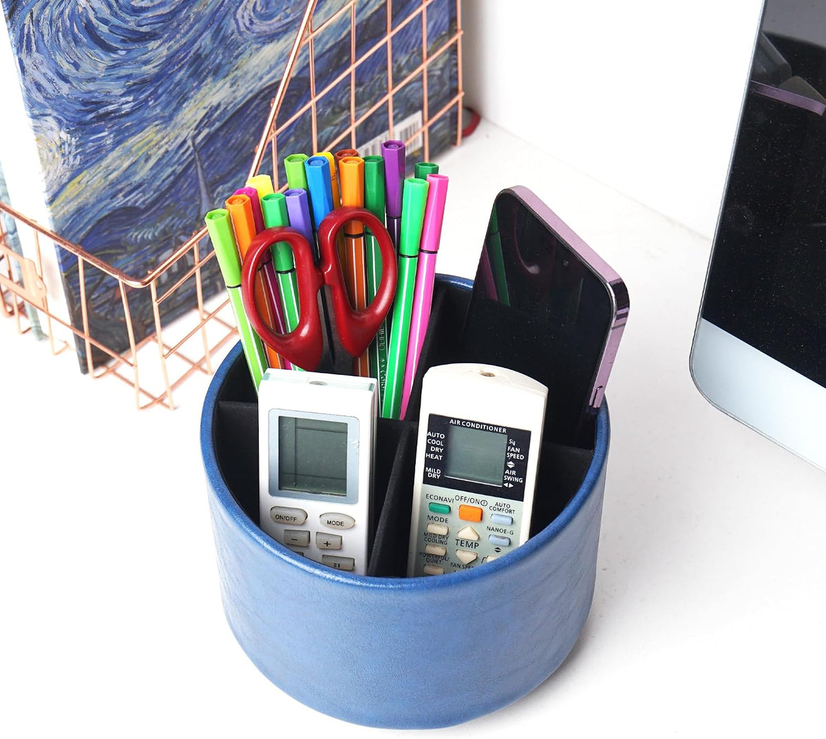 Round Leather Art Supply Organizer,Remote Control Holder,360 Degree Rotating,Multi-Functional Pencil Holder,4 Compartments Desktop Stationary Organizer(1-Blue Bird) - Colors C