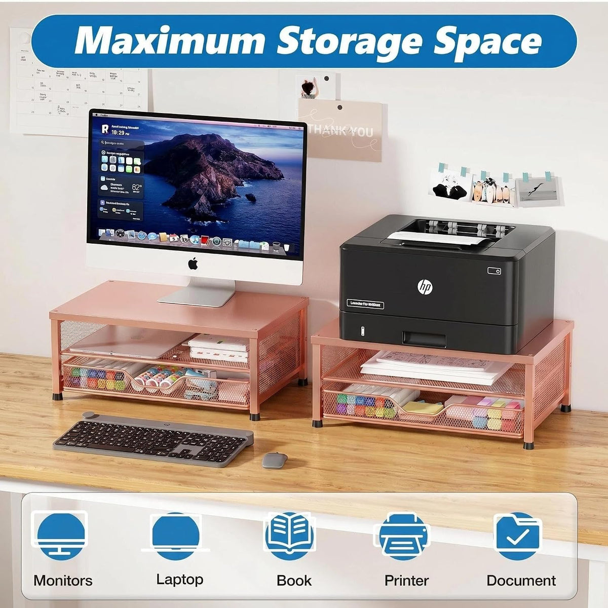 Desk Organizers and Accessories, Computer Monitor Stand Riser with Drawer and 2 Pen Holders, Printer & Laptop Stand, Office Desk Accessories & Workspace Organizers for Home Office Supplies, Black