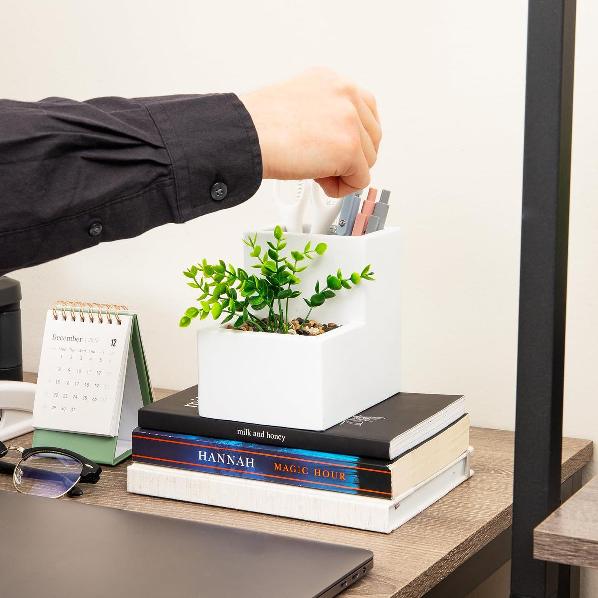 Ceramic Desktop Planter Pencil Cup, Desk Organizer with Faux Succulent, White