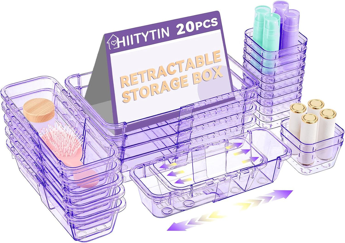 Adjustable Clear Drawer Organizer, Extendable Vanity Storage Bins, Desk Drawer Organizer Set for Makeup, Cosmetics, Bedroom, and Gadgets, Purple