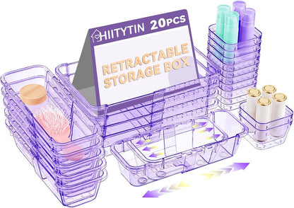 Adjustable Clear Drawer Organizer, Extendable Vanity Storage Bins, Desk Drawer Organizer Set for Makeup, Cosmetics, Bedroom, and Gadgets, Purple