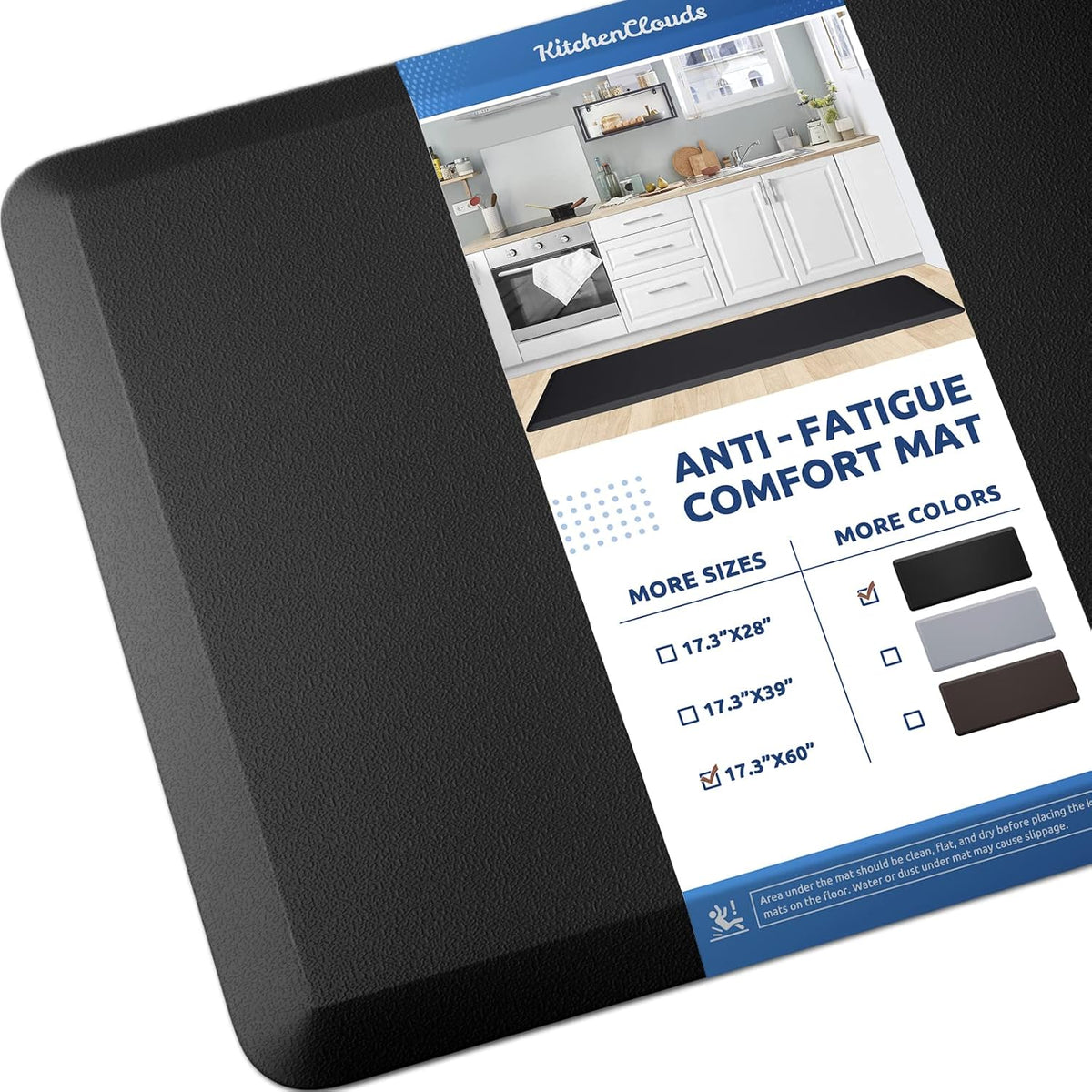 KitchenClouds Kitchen Mat Cushioned Anti Fatigue Rug 17.3"x28" Water Resistant, Non Slip, Standing and Comfort Desk/Floor Mats for House Sink Office (Black)
