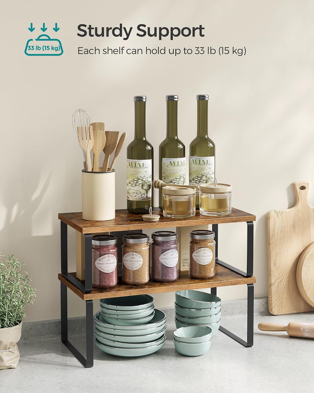 SONGMICS Cabinet Organizer Shelf, Set of 4 Kitchen Counter Shelves, Kitchen Storage, Spice Rack, Stackable, Expandable, Metal and Engineered Wood, Cloud White and Natural Beige UKCS010N01